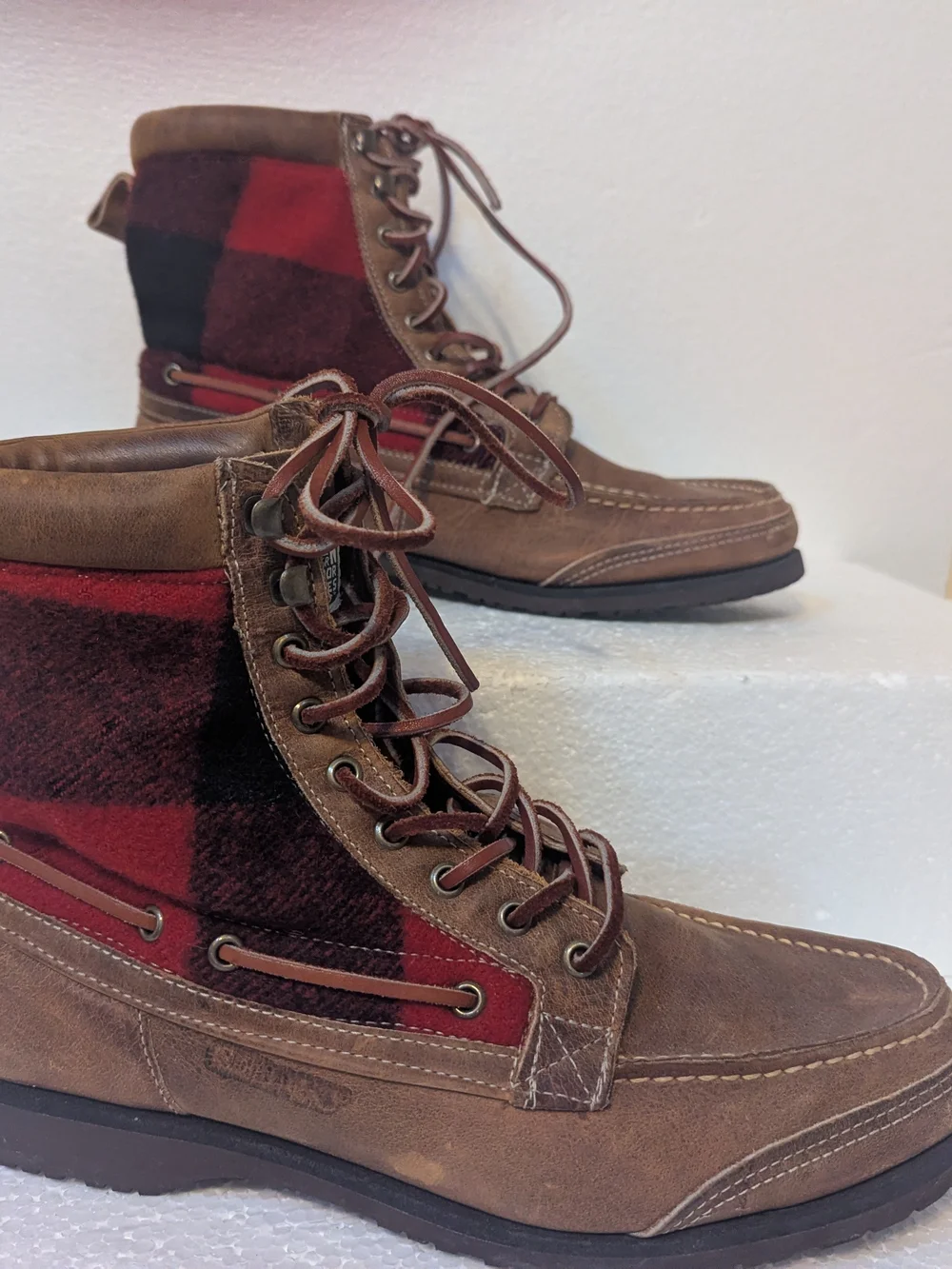 Sebago Brown Leather Boots with Red Plaid Panels
